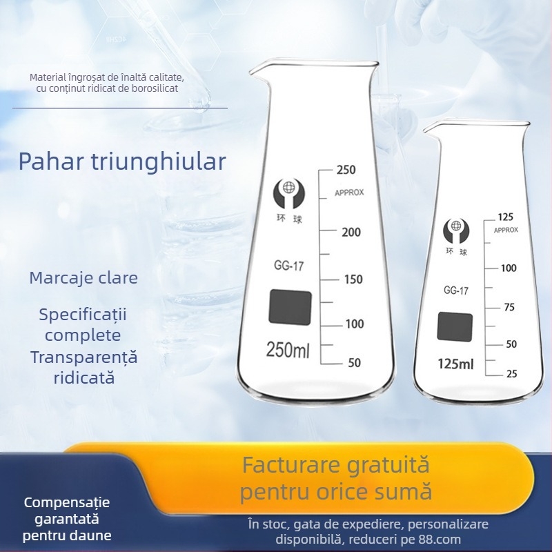 Becher triunghiular universal, 125/250/500 ml, transparent, cu gradații, gură conică