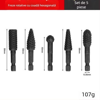 Set de 5 bucăți fișiere rotative pentru lemn cu dinți de lup; set de 10 bucăți fișiere rotative pentru șlefuirea lemnului, cu mâner hexagonal și capete de șlefuit electrice