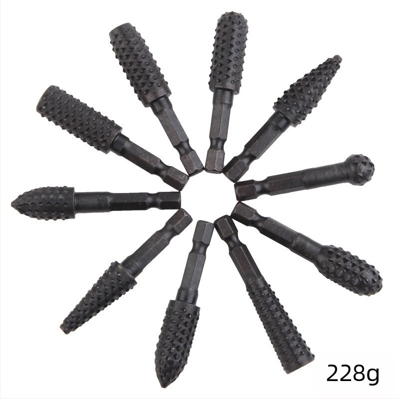Set de 5 bucăți fișiere rotative pentru lemn cu dinți de lup; set de 10 bucăți fișiere rotative pentru șlefuirea lemnului, cu mâner hexagonal și capete de șlefuit electrice