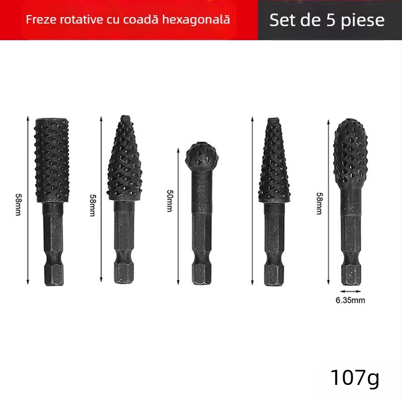 Set de 5 bucăți fișiere rotative pentru lemn cu dinți de lup; set de 10 bucăți fișiere rotative pentru șlefuirea lemnului, cu mâner hexagonal și capete de șlefuit electrice
