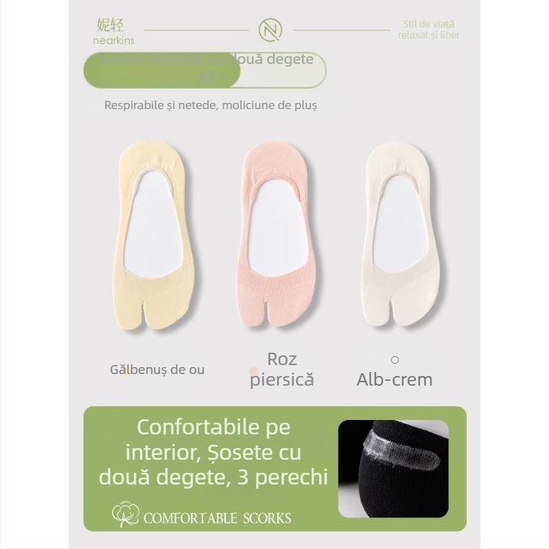 Șosete subțiri de vară pentru femei, cu degete separate, tip boat cu două degete, antiderapante, din bumbac, absorbante de transpirație, respirabile, croială scurtă, invizibile