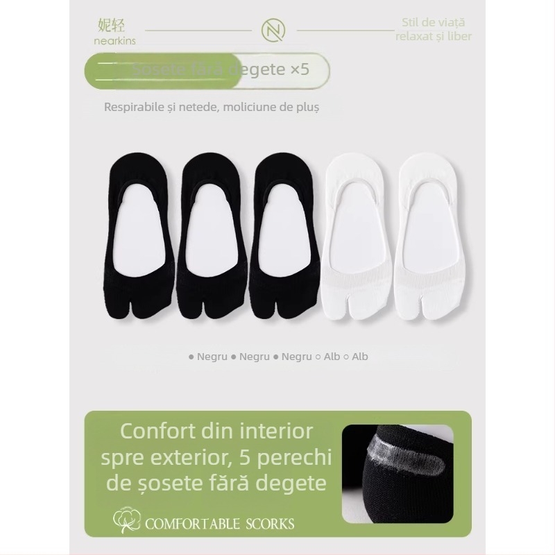 Șosete subțiri de vară pentru femei, cu degete separate, tip boat cu două degete, antiderapante, din bumbac, absorbante de transpirație, respirabile, croială scurtă, invizibile