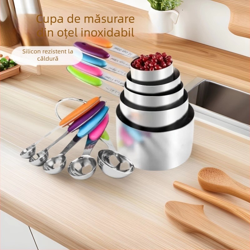 Set de măsurare din oțel inoxidabil, cu căni și linguri gradate, 10 piese, pentru gătit și coacere