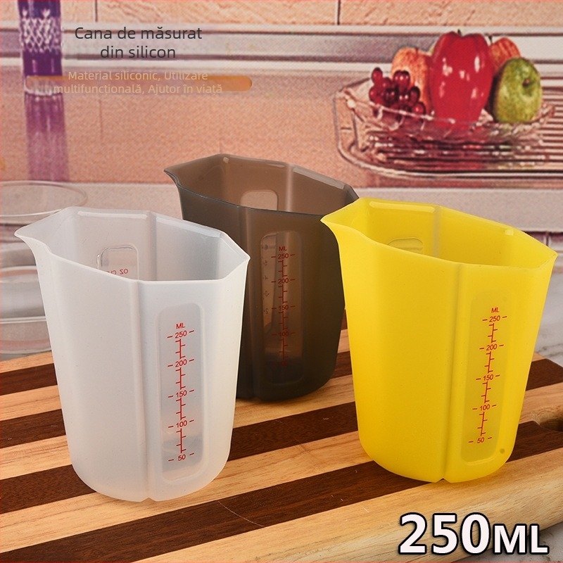 Pahar de măsurare din silicon alimentar, pentru coacere și lapte, 250 ml, scară dublă vizibilă, pliabil
