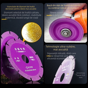 Disc de tăiere compozit, cu eficiență înaltă, pentru plăci din rocă și plăci ceramice, tăiere uscată — pentru poliză unghiulară, durabil, protecția marginilor