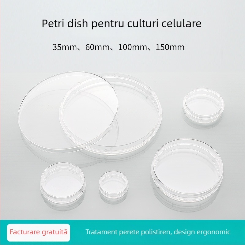 Plăci de cultură din plastic, de unică folosință, sterile, cu fund plat, cu prindere ușoară, dimensiuni 35mm, 60mm, 100mm, 150mm