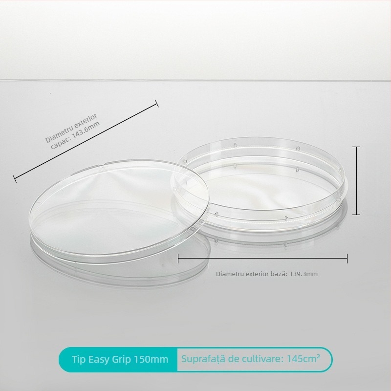 Plăci de cultură din plastic, de unică folosință, sterile, cu fund plat, cu prindere ușoară, dimensiuni 35mm, 60mm, 100mm, 150mm
