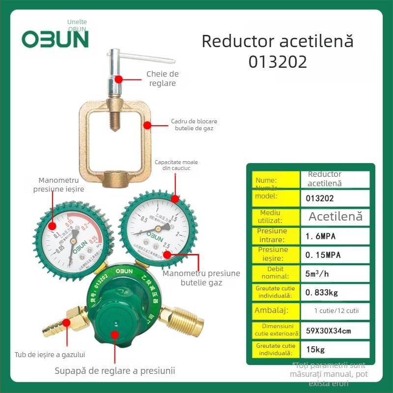 Oubang oxigenometru cu manometru de acetilenă și husă din piele, regulator rezistent la șocuri, manometru CO2 și manometru de acetilenă din cupru