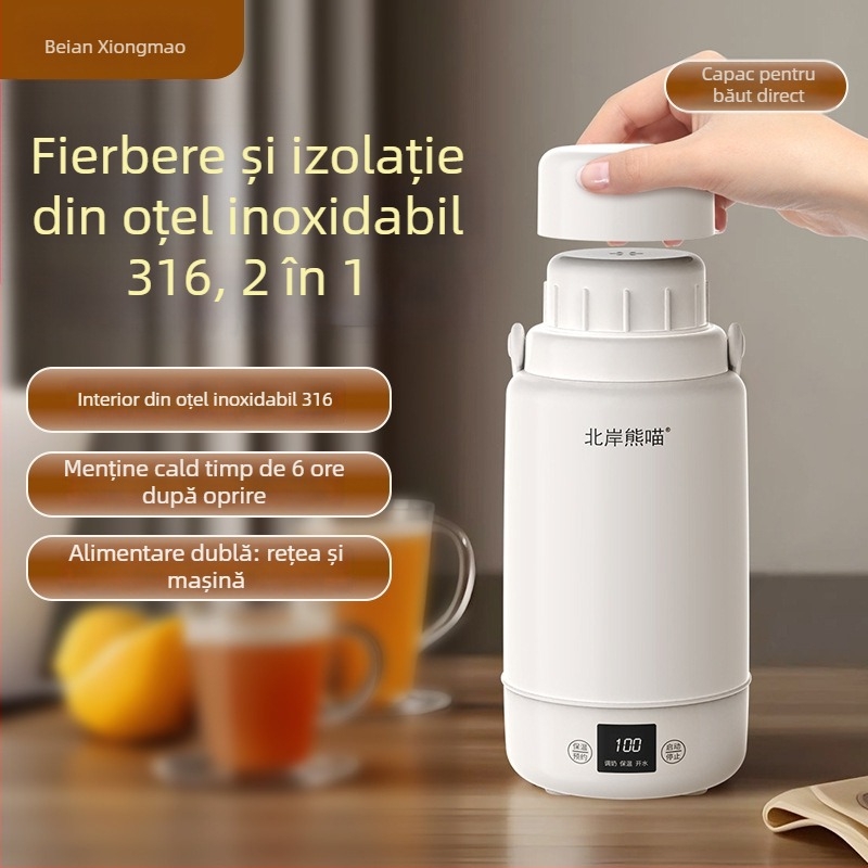 Cana electrică pentru fiert apă, pentru mașină și casă, 1 L, recipient interior din oțel inoxidabil 316, 220 V