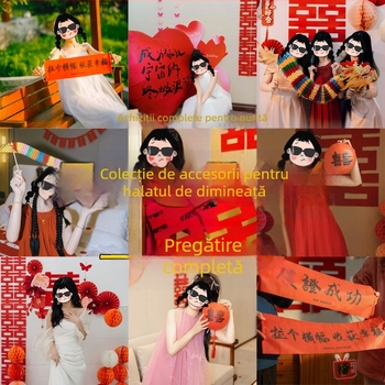 Rochie de dimineață pentru mireasă și accesorii foto pentru ședința de nuntă, decor pentru camera de nuntă, cupluri de texte de bucurie pentru logodnă și felinare cu mesaje de fericire, kit de fotografiere a miresei dimineața