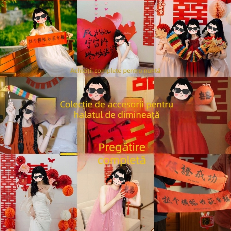 Rochie de dimineață pentru mireasă și accesorii foto pentru ședința de nuntă, decor pentru camera de nuntă, cupluri de texte de bucurie pentru logodnă și felinare cu mesaje de fericire, kit de fotografiere a miresei dimineața