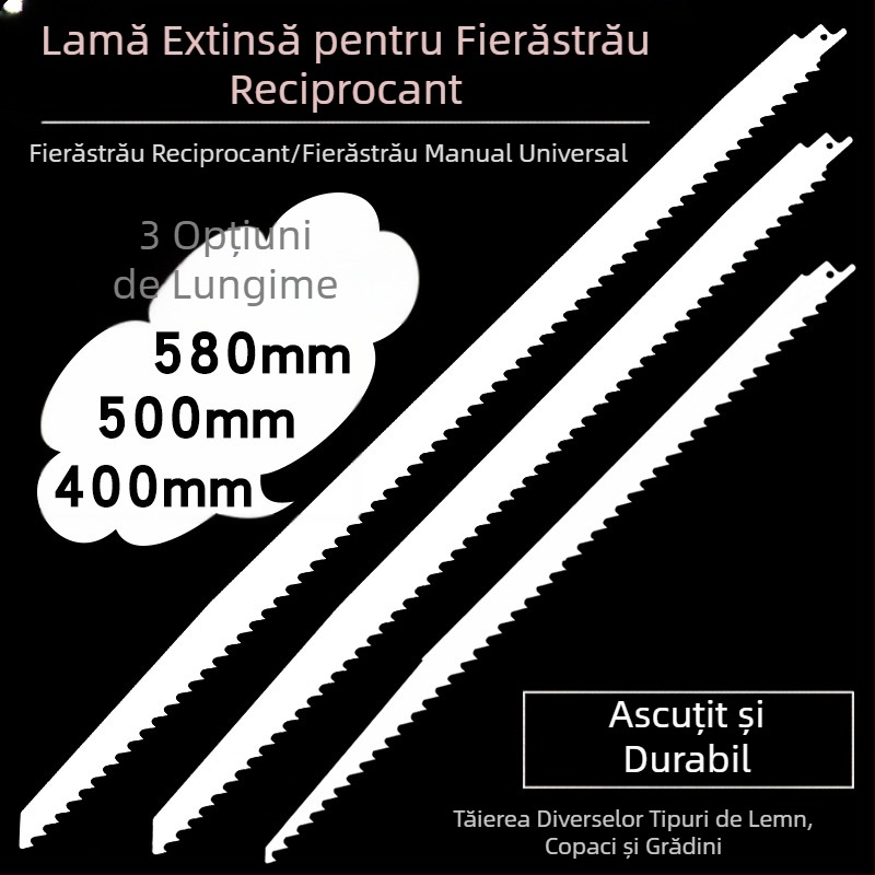 Lama de fierăstrău sabie pentru lemn, lungimi 400/500/580 mm, dinți de la gros la fin.