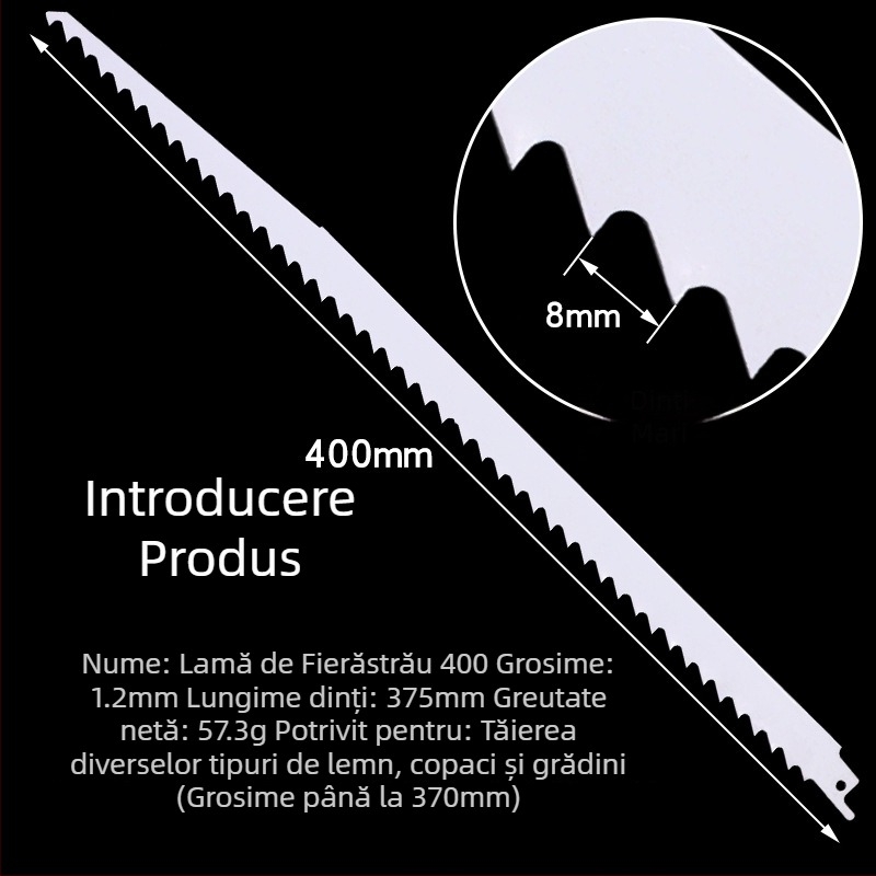 Lama de fierăstrău sabie pentru lemn, lungimi 400/500/580 mm, dinți de la gros la fin.