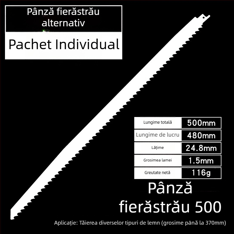 Lama de fierăstrău sabie pentru lemn, lungimi 400/500/580 mm, dinți de la gros la fin.