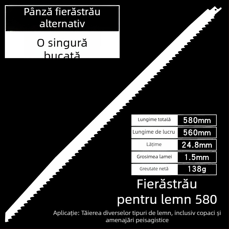 Lama de fierăstrău sabie pentru lemn, lungimi 400/500/580 mm, dinți de la gros la fin.
