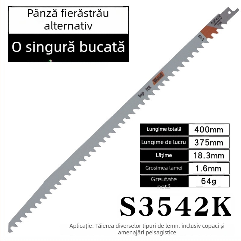 Lama de fierăstrău sabie pentru lemn, lungimi 400/500/580 mm, dinți de la gros la fin.