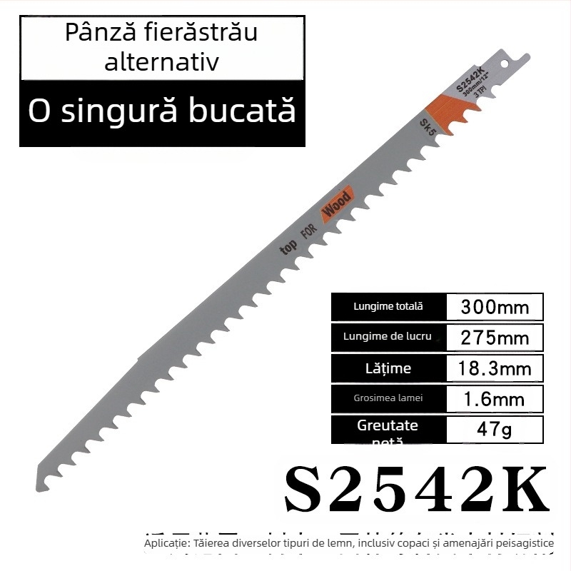 Lama de fierăstrău sabie pentru lemn, lungimi 400/500/580 mm, dinți de la gros la fin.