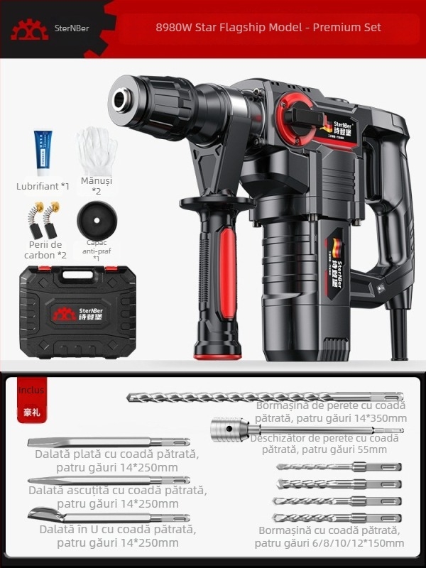 Ciocan rotopercutor electric, pentru beton; instrument electric multifuncțional, cu funcții de ciocan și găurire, pentru uz greu în casă