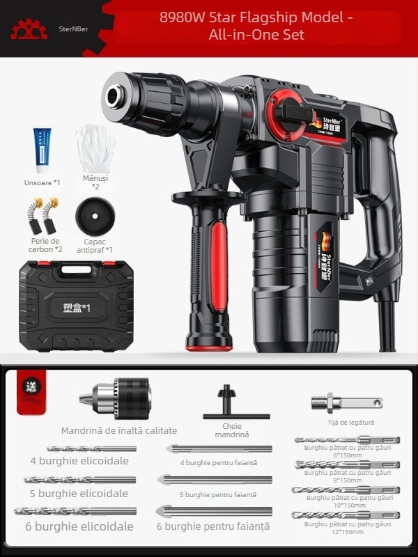 Ciocan rotopercutor electric, pentru beton; instrument electric multifuncțional, cu funcții de ciocan și găurire, pentru uz greu în casă