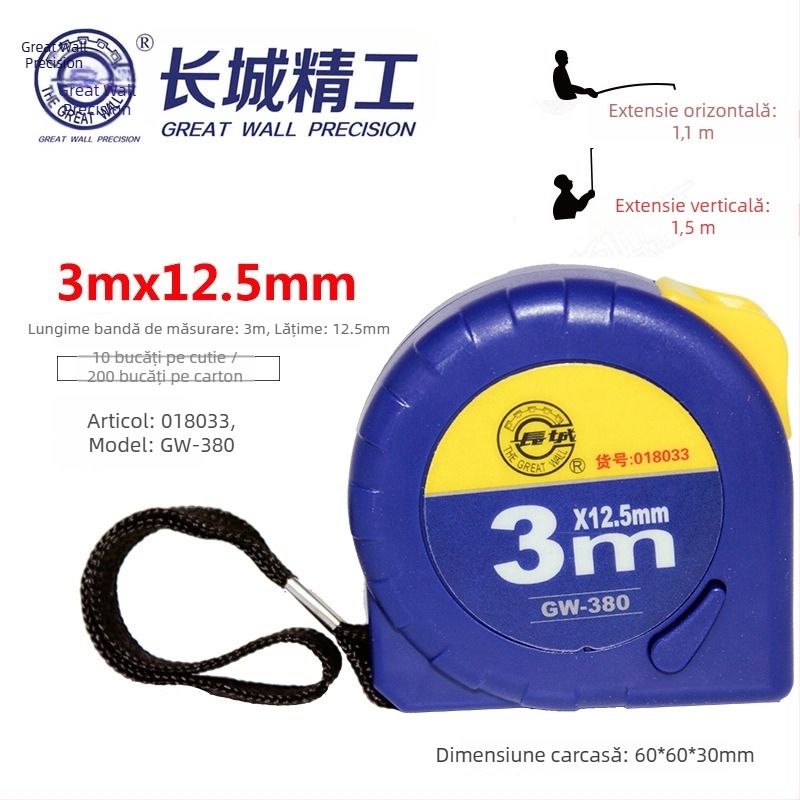 Great Wall Seiko bandă metrică din oțel, îngroșată, precizie înaltă, rezistentă la abraziune și impermeabilă, lungimi 2 m, 3 m, 5 m și 7,5 m