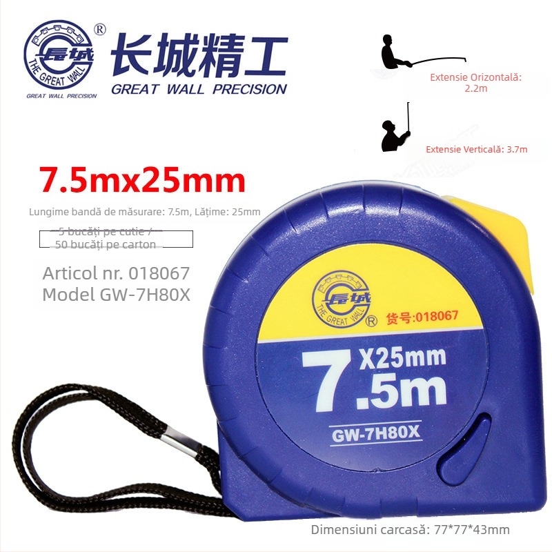Great Wall Seiko bandă metrică din oțel, îngroșată, precizie înaltă, rezistentă la abraziune și impermeabilă, lungimi 2 m, 3 m, 5 m și 7,5 m