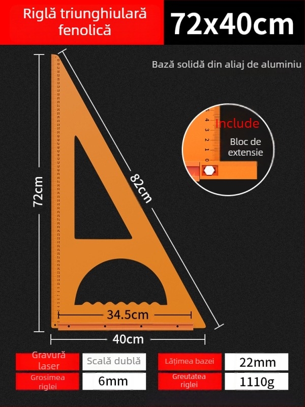 Riglă triunghiulară pentru tâmplărie cu plăcuță bakelită, riglă pătrată mare, unghi drept de 90°, unelte decorative