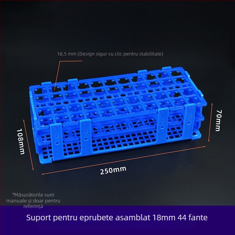 Raft din plastic pentru tuburi de test, detașabil, cu găuri de 30 mm (21) și 18 mm (44); suport pentru tuburi de centrifugă și recipiente pentru probe.