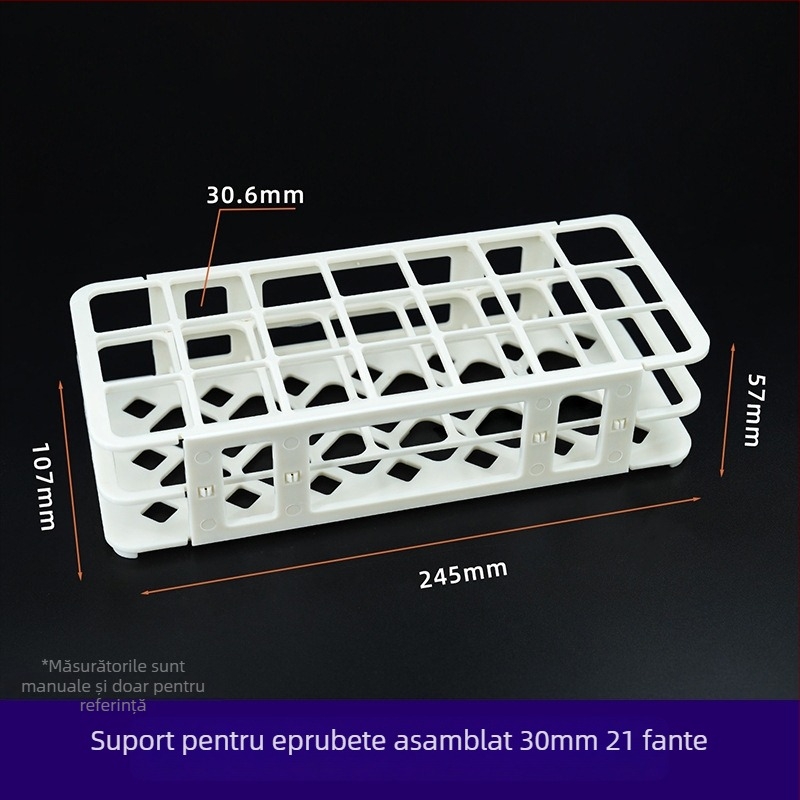 Raft din plastic pentru tuburi de test, detașabil, cu găuri de 30 mm (21) și 18 mm (44); suport pentru tuburi de centrifugă și recipiente pentru probe.