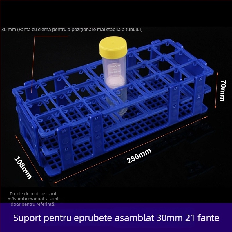 Raft din plastic pentru tuburi de test, detașabil, cu găuri de 30 mm (21) și 18 mm (44); suport pentru tuburi de centrifugă și recipiente pentru probe.