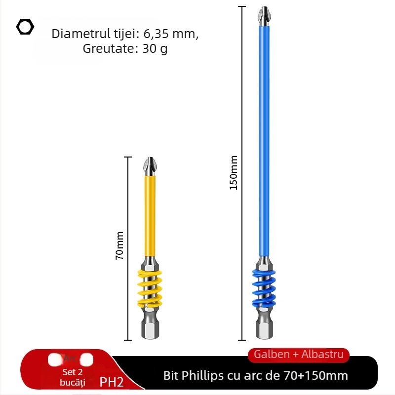 PH2 bit cu eliberare rapidă pentru șurubelniță electrică, magnet puternic, culoare curcubeu