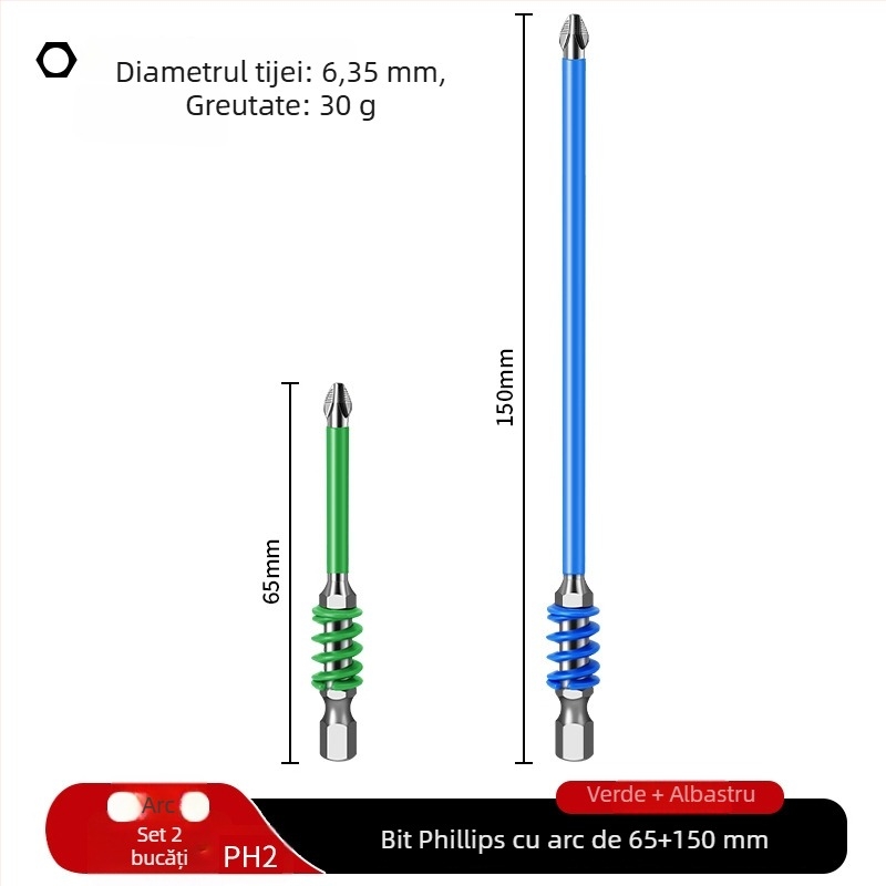 PH2 bit cu eliberare rapidă pentru șurubelniță electrică, magnet puternic, culoare curcubeu