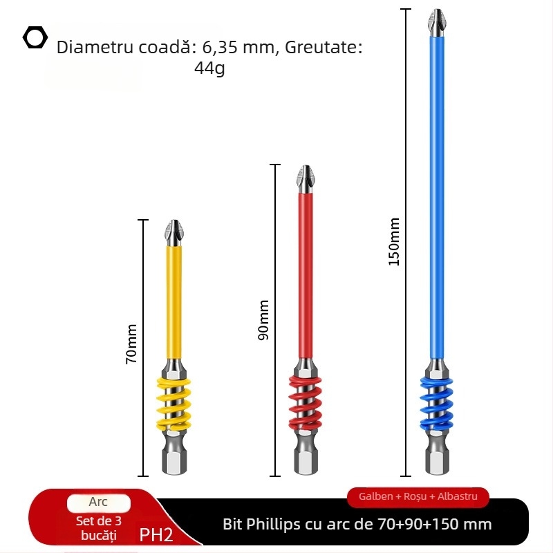 PH2 bit cu eliberare rapidă pentru șurubelniță electrică, magnet puternic, culoare curcubeu