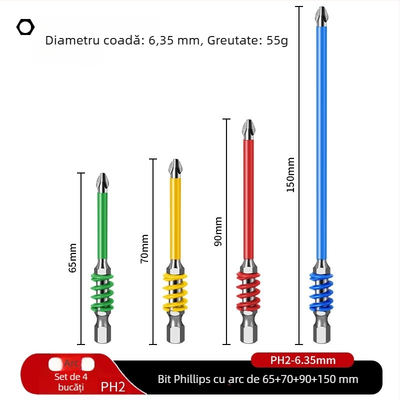 PH2 bit cu eliberare rapidă pentru șurubelniță electrică, magnet puternic, culoare curcubeu