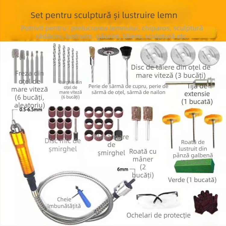 Polizor electric cu ax flexibil, convertibil în polizor suspendat; mașină de gravură; unelte de sculptură în jad și lemn, sculptură de rădăcini; cuțit de sculptură și dalte