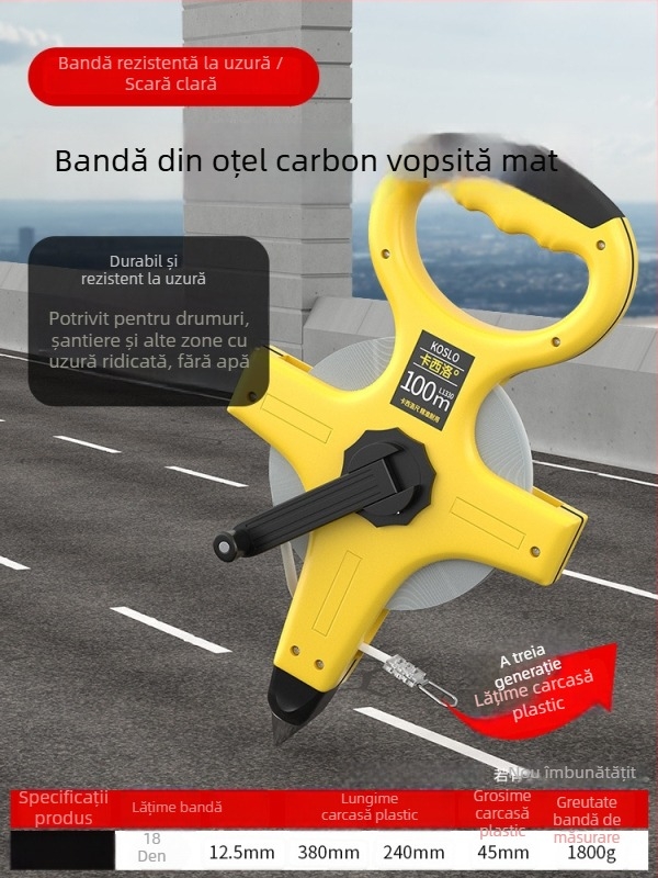 Set de bandă de măsurat: 50 m bandă din oțel, 30 m bandă flexibilă, 100 m bandă din oțel pentru construcții, husă de transport
