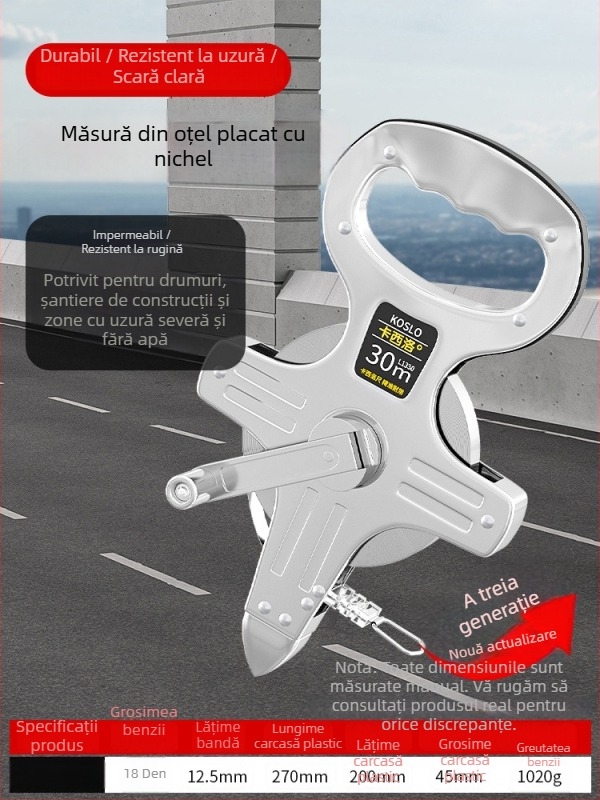 Set de bandă de măsurat: 50 m bandă din oțel, 30 m bandă flexibilă, 100 m bandă din oțel pentru construcții, husă de transport