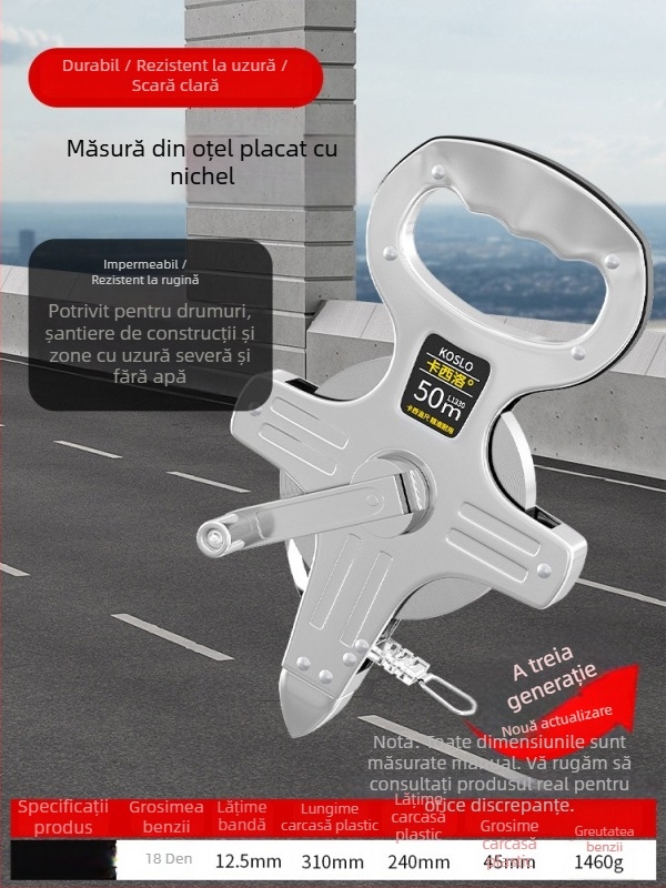 Set de bandă de măsurat: 50 m bandă din oțel, 30 m bandă flexibilă, 100 m bandă din oțel pentru construcții, husă de transport