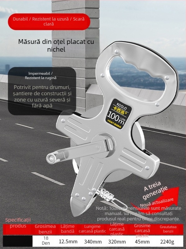 Set de bandă de măsurat: 50 m bandă din oțel, 30 m bandă flexibilă, 100 m bandă din oțel pentru construcții, husă de transport
