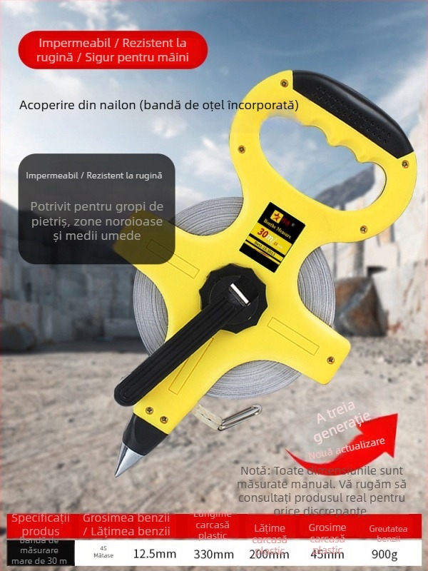 Set de bandă de măsurat: 50 m bandă din oțel, 30 m bandă flexibilă, 100 m bandă din oțel pentru construcții, husă de transport