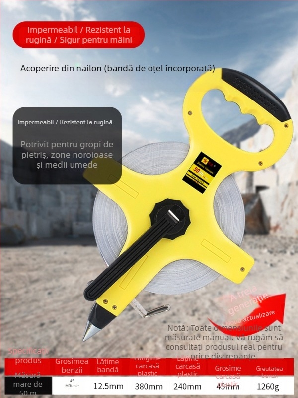 Set de bandă de măsurat: 50 m bandă din oțel, 30 m bandă flexibilă, 100 m bandă din oțel pentru construcții, husă de transport