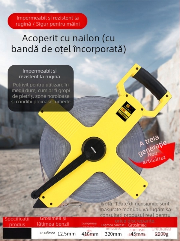 Set de bandă de măsurat: 50 m bandă din oțel, 30 m bandă flexibilă, 100 m bandă din oțel pentru construcții, husă de transport