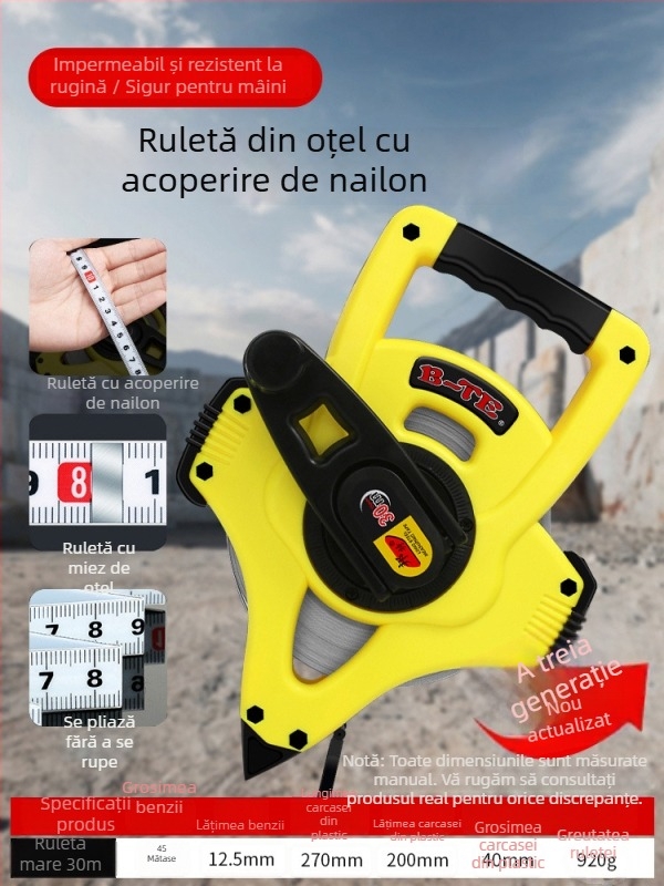 Set de bandă de măsurat: 50 m bandă din oțel, 30 m bandă flexibilă, 100 m bandă din oțel pentru construcții, husă de transport