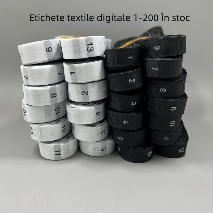 Set de etichete țesute pentru haine: etichetă mărime, etichetă număr de lucru, etichetă cod, etichetă de îngrijire (alb/negru)