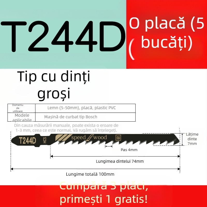 Lama de fierăstrău pendular pentru lemn, lungime extinsă, T244D oțel de înaltă viteză, 101A0, placă metalică cu orificiu, dinți grosieri/medii/fini.