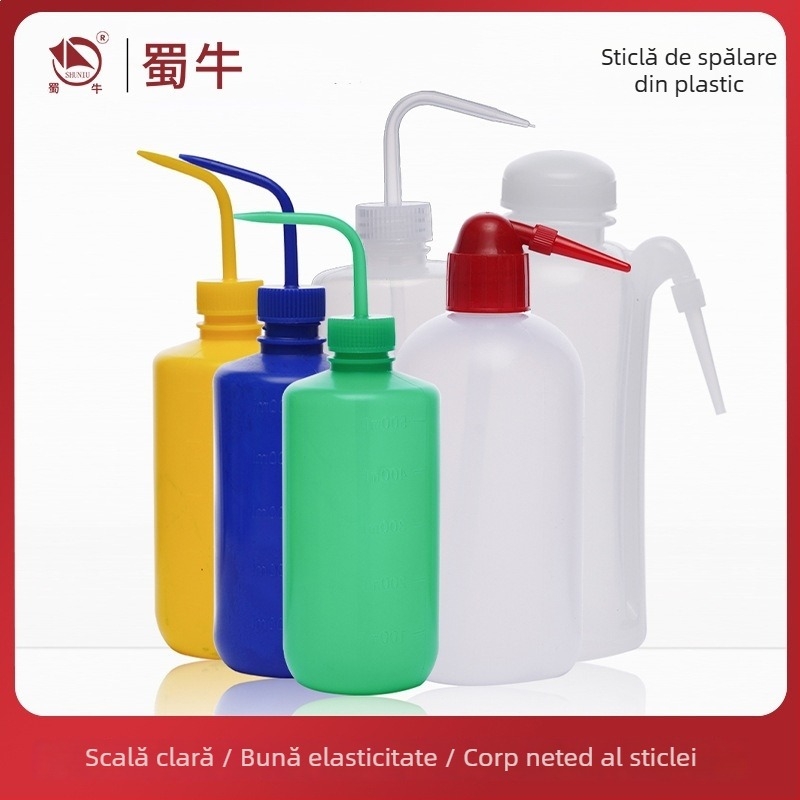 Sticlă de spălat din plastic cu robinet curbat și conductă laterală, sticlă de laborator 250/500/1000 ml