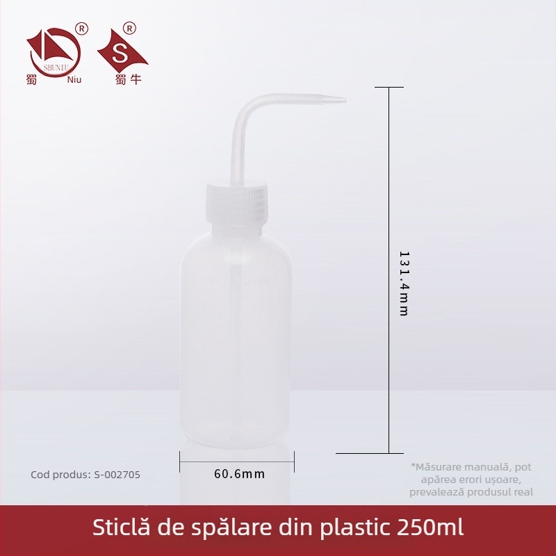 Sticlă de spălat din plastic cu robinet curbat și conductă laterală, sticlă de laborator 250/500/1000 ml