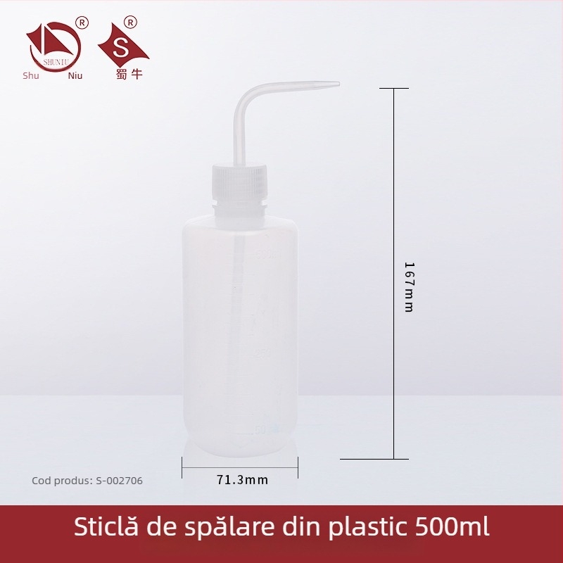 Sticlă de spălat din plastic cu robinet curbat și conductă laterală, sticlă de laborator 250/500/1000 ml