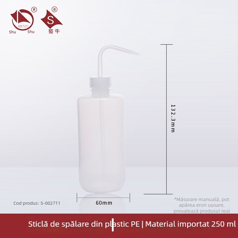 Sticlă de spălat din plastic cu robinet curbat și conductă laterală, sticlă de laborator 250/500/1000 ml