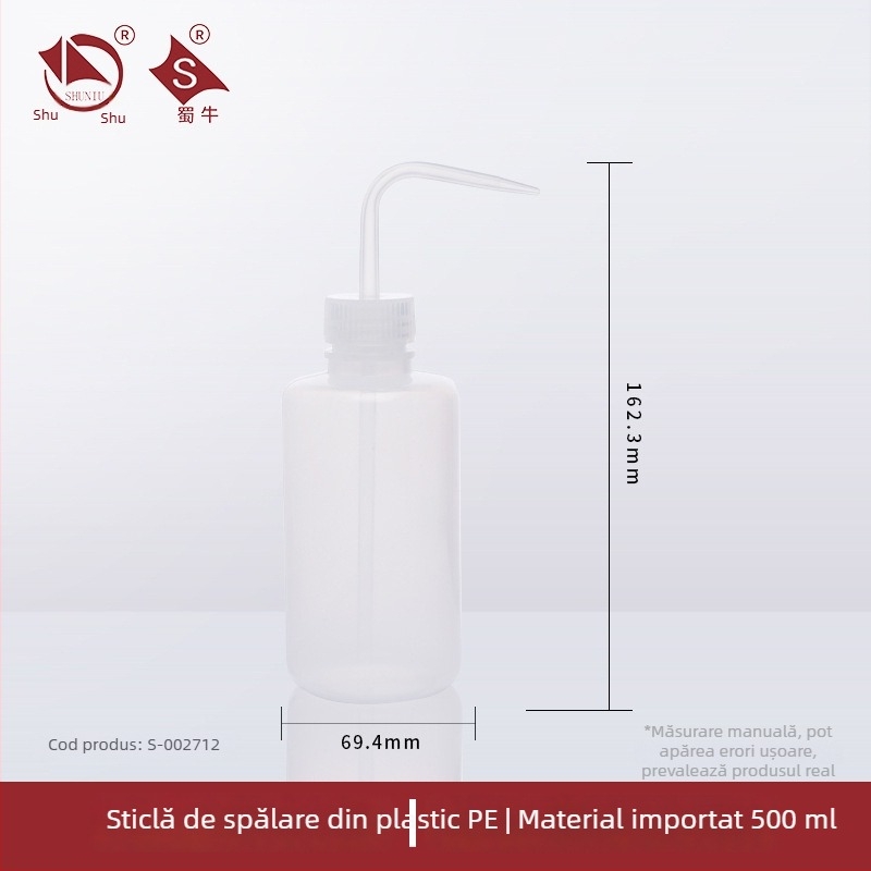 Sticlă de spălat din plastic cu robinet curbat și conductă laterală, sticlă de laborator 250/500/1000 ml