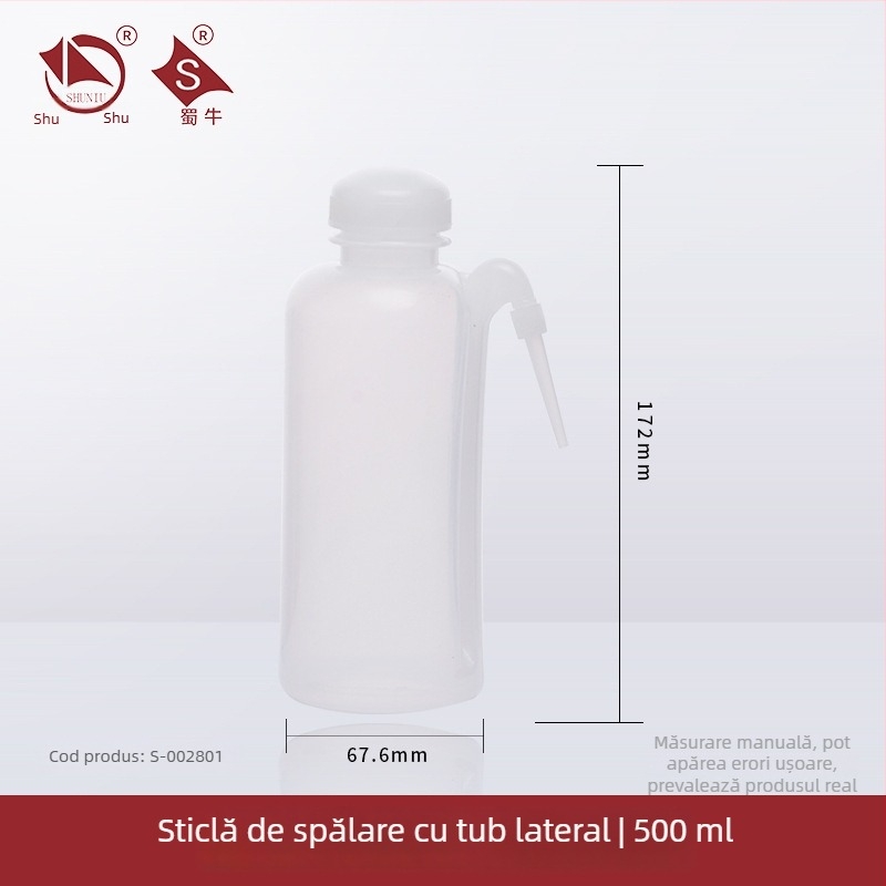 Sticlă de spălat din plastic cu robinet curbat și conductă laterală, sticlă de laborator 250/500/1000 ml